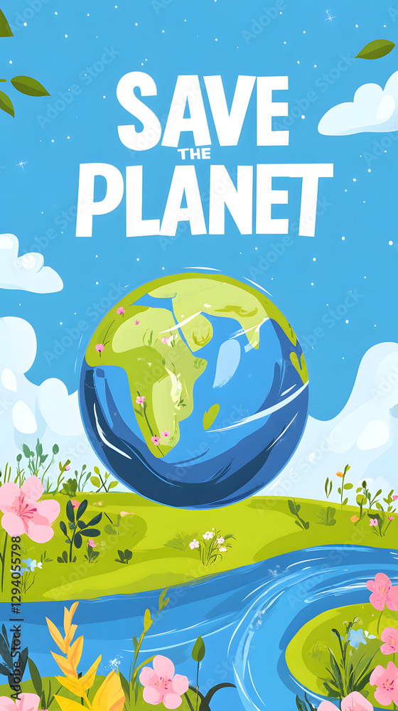Naklejka premium Vector illustration of a cartoon-style planet Earth with flowers and the text 