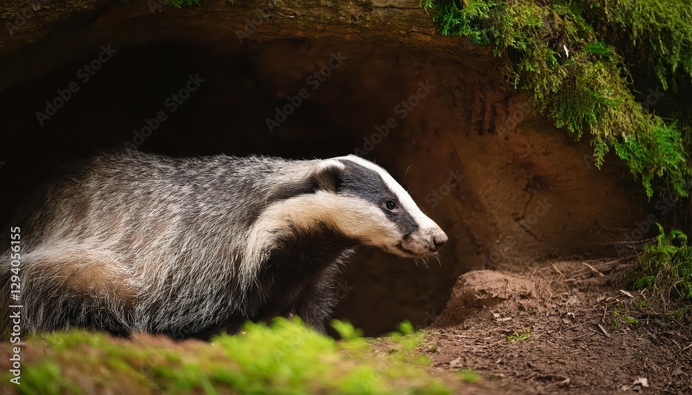 Fototapeta premium Wild Badger in Forest Cave Entrance at Dawn Captivating Moment of Solitude and Serenity Amidst Autumnal Tones
