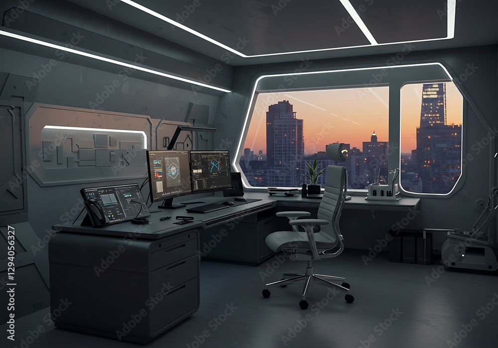 Naklejka premium Modern Futuristic Office Interior with City View at Sunset