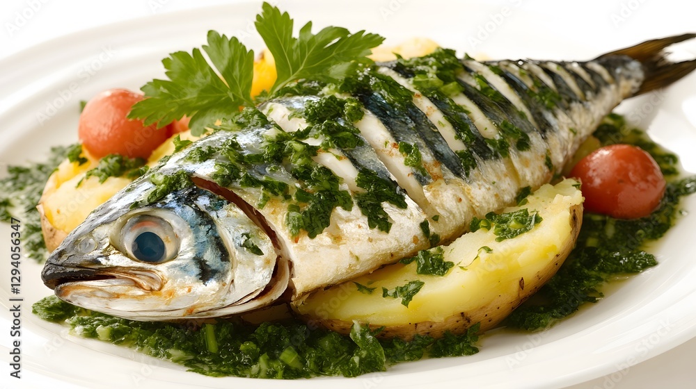 Delicious Grilled Mackerel with Herb Sauce and Potatoes Delicious Grilled Mackerel with Herb Sauce and Potatoes