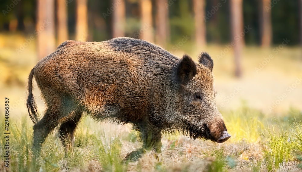 Wild Boar Roaming the Beautiful Czech Countryside at Dusk, Capturing the Serene Yet Vigilant Mood of the Majestic Sus Scrofa in its Natural Habitat. Wild Boar Roaming the Beautiful Czech Countryside at Dusk, Capturing the Serene Yet Vigilant Mood of the Majestic Sus Scrofa in its Natural Habitat.