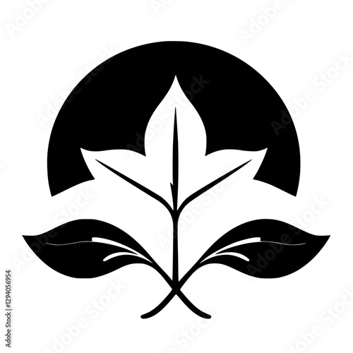 Monochromatic leaf illustration featuring a leaf silhouette against a backdrop of a black hemisphere.