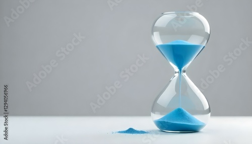 Fotografía de estudio de un reloj de arena de cristal con arena azul sobre un fondo gris