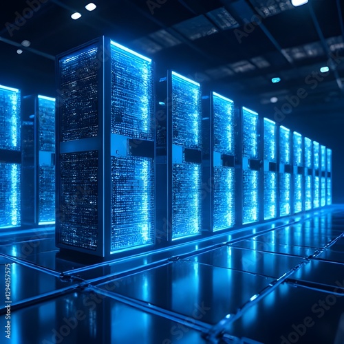 A futuristic data center glowing in neon blue lights, representing advanced technology and digital innovation. The towering server structure stands in a cyber world, surrounded by a high-tech grid