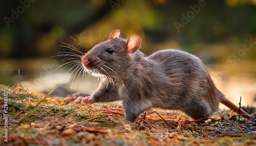 Wild Brown Rat in a Winter Forest Scene, Majestically Frolicking Amidst SnowCovered Branches with a Glimpse of the Blue Sky Peeking Through, Capturing the Essence of Natures Minutiae in an photo