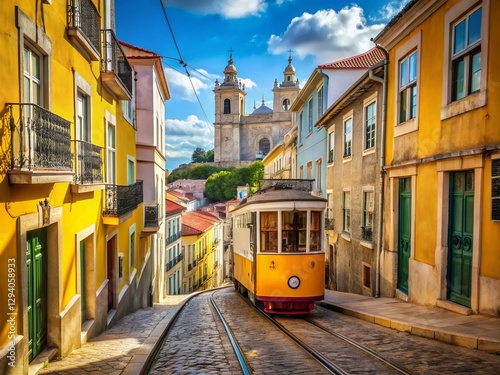 Lisbon Alfama Tram Ascending, Cathedral View, Portugal - Stock Photo