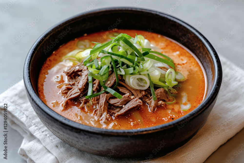 Bowl of hearty beef soup with fresh green onions Bowl of hearty beef soup with fresh green onions