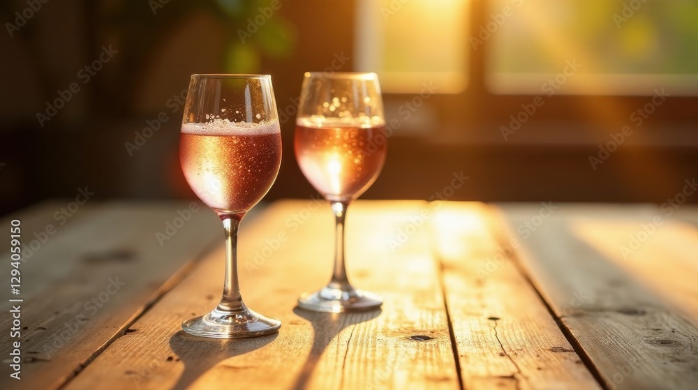 Two glasses of ros? wine bathed in warm sunlight on a rustic wooden table, a serene moment of relaxation and enjoyment Two glasses of ros? wine bathed in warm sunlight on a rustic wooden table, a serene moment of relaxation and enjoyment