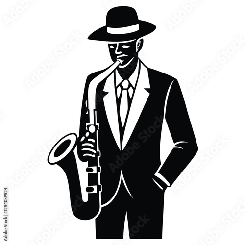 jazz musician silhouette, saxophone player, fedora hat, suit and tie, Film noir style, black and white illustration, high contrast, minimalist design, retro poster art, 1940s aesthetic, 
