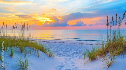 Sand dunes casting long shadows under a fiery sunset sky over a peaceful white sand beach