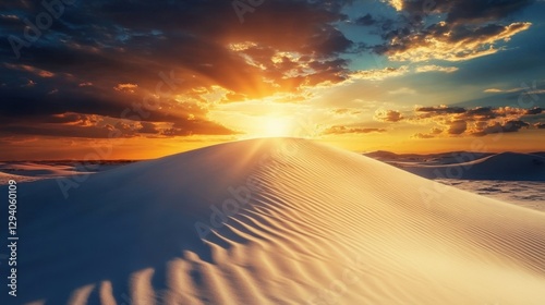 Sand dunes casting long shadows under a fiery sunset sky over a peaceful white sand beach