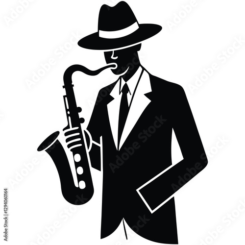 jazz musician silhouette, saxophone player, fedora hat, suit and tie, Film noir style, black and white illustration, high contrast, minimalist design, retro poster art, 1940s aesthetic, 