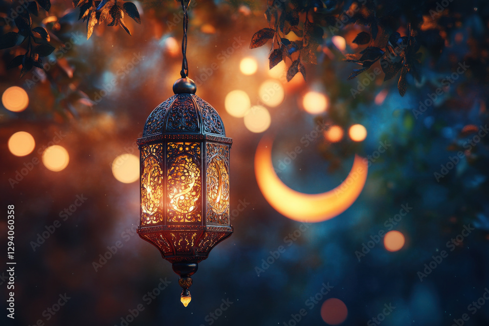 3d ornament of ramadan lantern and crescent moon with elegant eid al fitr and eid al adha greetings for muslim holidays 3d ornament of ramadan lantern and crescent moon with elegant eid al fitr and eid al adha greetings for muslim holidays