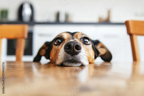 Cute dog head begging for food at kitchen table. Generative AI