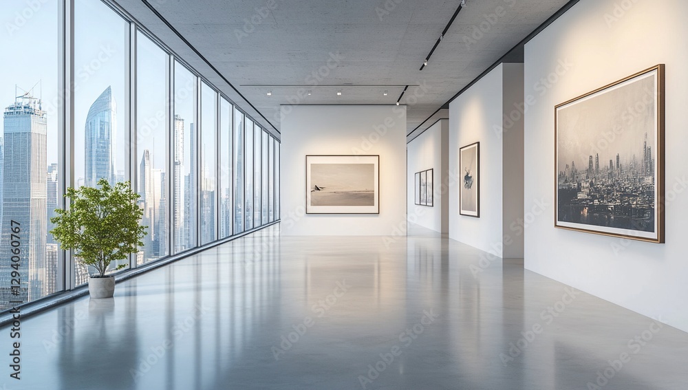 Fototapeta premium Modern Art Gallery Interior with City Skyline View