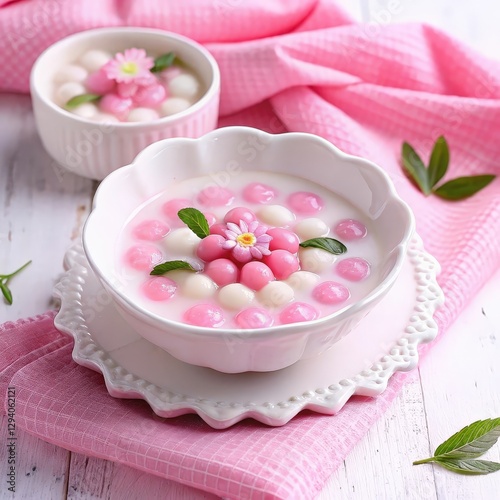 delicate Thai dessert, Bua Loy, is beautifully presented in white bowl with pink and white glutinous rice balls, garnished with flower and mint leaves, set on pink cloth