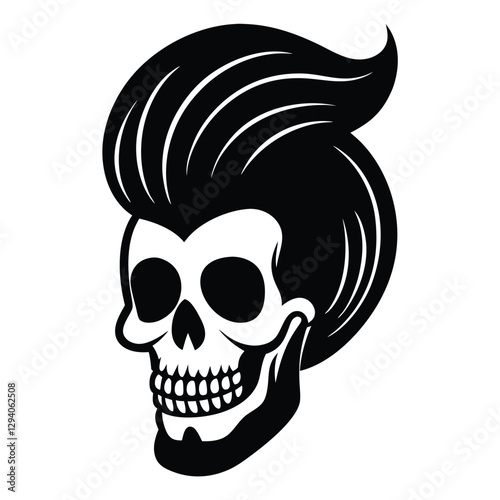 Rockabilly skull, stylized vector illustration, black and white graphic, retro pompadour hairstyle, side profile, sharp contrast, minimalist design, vintage tattoo style, iconic rock and roll imagery,