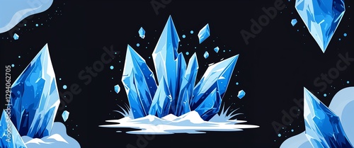 blue ice shards abstract cartoon on plain dark black background illustration