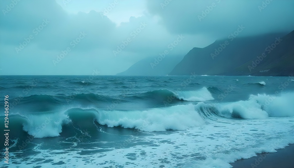 Obraz premium Un espectacular paisaje marino bajo un cielo tormentoso, con una vasta extensión de océano turbulento en primer plano. El agua es de un azul profundo y oscuro, con crestas blancas y olas espumosas