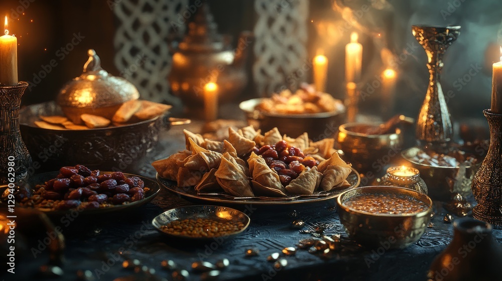 A beautifully arranged Ramadan Iftar still life with traditional dishes and golden accents under warm candlelight A beautifully arranged Ramadan Iftar still life with traditional dishes and golden accents under warm candlelight