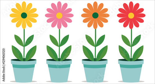 Set of colorful daisy flowers in pots. Vibrant colorful floral pot plant vector design. Colorful floral arrangement with potted plants vector. Set of colorful potted flowers vector illustration
