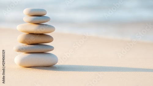 perfectly balanced stack of smooth decorative stones on gentle sandy beach with ample copy space