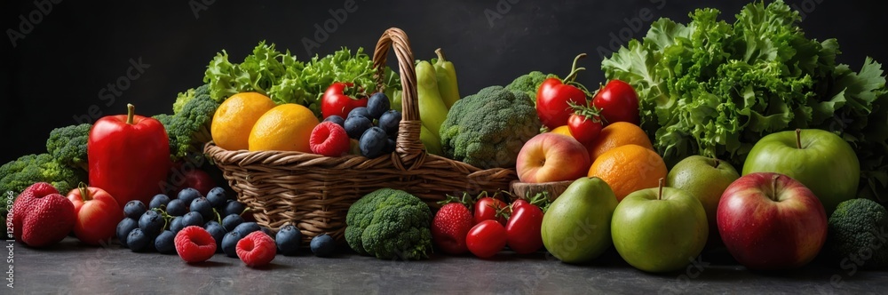 Basket Filled with Fruits and Vegetables Still Life. Healthy Fresh Produce Still Life Basket Filled with Fruits and Vegetables Still Life. Healthy Fresh Produce Still Life