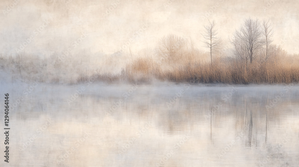 Fototapeta premium Serene morning fog over calm lake tranquil nature scene landscape photography peaceful environment soft light atmosphere