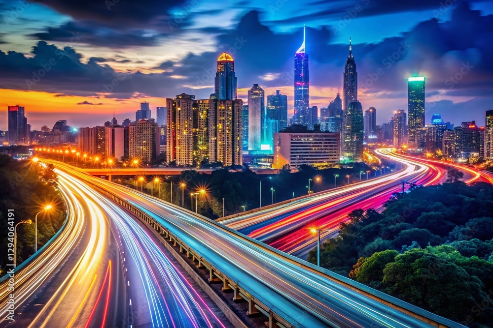 Fototapeta premium Long Exposure City Lights Trails at Night - Urban Nightscape Photography