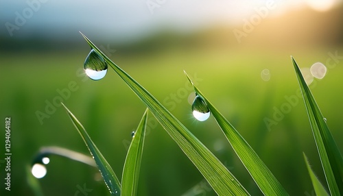 A dewdrop resting on a fresh green leaf, reflecting the surrounding spring garden, captured in ultra-sharp 8K with crystal-clear water textures and soft bokeh background.