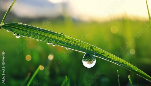 A dewdrop resting on a fresh green leaf, reflecting the surrounding spring garden, captured in ultra-sharp 8K with crystal-clear water textures and soft bokeh background.