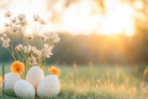 serene spring scene showcasing beautifully decorated easter eggs nestled in fresh green grass during golden hour vibrant photo