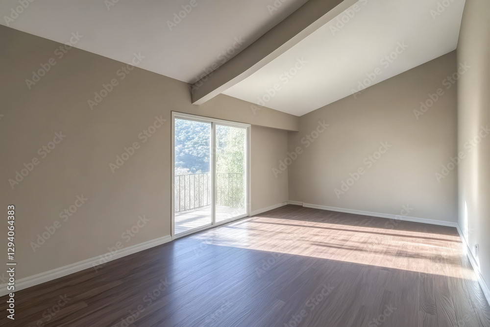 Bright empty room with large windows offering scenic mountain views in warm afternoon light Bright empty room with large windows offering scenic mountain views in warm afternoon light