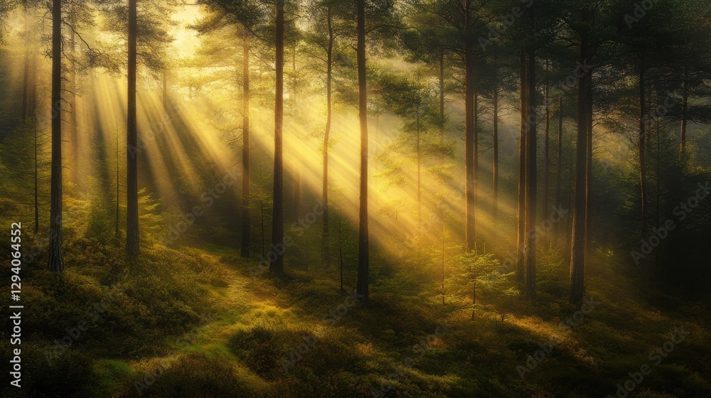 Naklejka premium Soft, diffused golden light beams shining through black darkness, elegant contrast