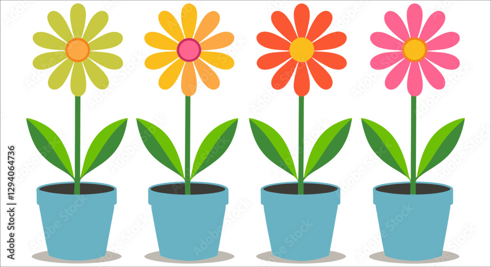 Set of colorful flower pots with green leaves icons. Collection of decorative potted plants vector. Home decoration daisy flowers in pots vector. Decoration potted flowers colorful vector illustration Set of colorful flower pots with green leaves icons. Collection of decorative potted plants vector. Home decoration daisy flowers in pots vector. Decoration potted flowers colorful vector illustration