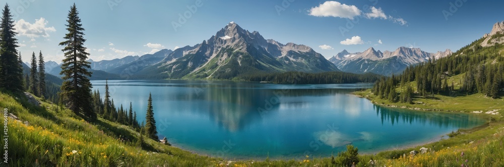 Serene Mountain Lake Panorama. Reflections in Turquoise Waters and Lush Green Landscape