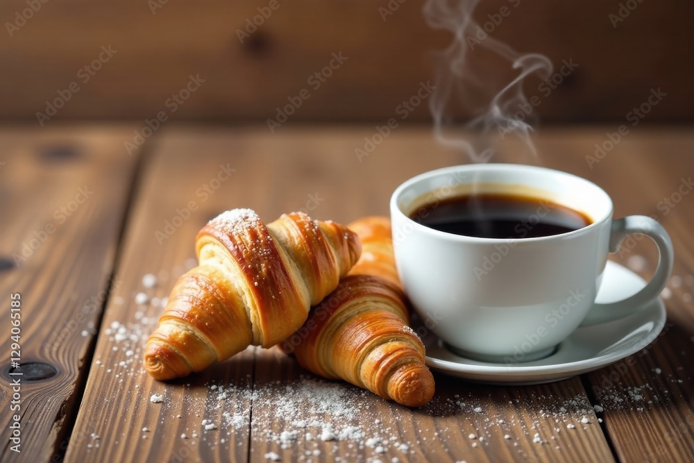 Aromatic coffee and freshly baked croissants on a rustic wooden surface Aromatic coffee and freshly baked croissants on a rustic wooden surface
