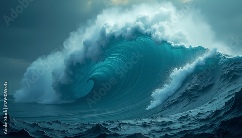 Majestic ocean wave, powerful and dynamic, crashing against dark sea background
