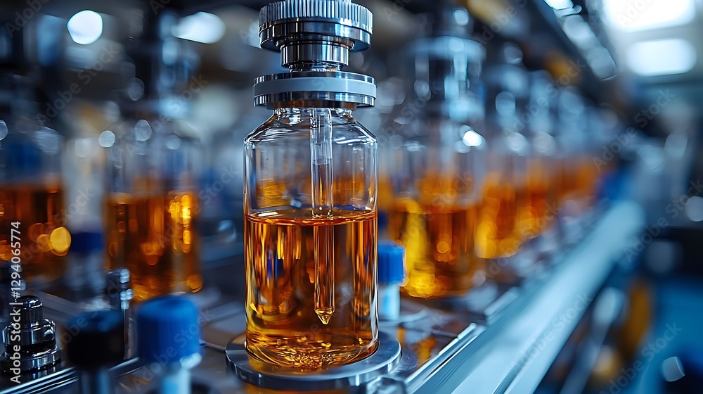 Industrial Pharmaceutical Manufacturing Amber Liquid in Glass Bottles on Conveyor Belt