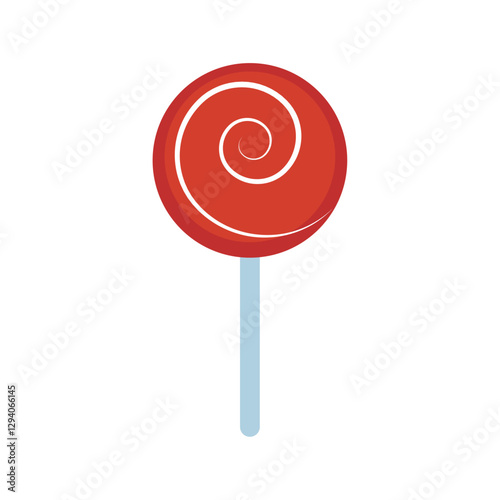 Flat vector illustration of a red spiral lollipop with a blue stick, perfect for candy, sweets, dessert, or children’s party-themed designs