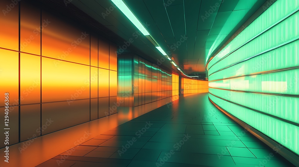 A futuristic subway station with glowing LED panels, the walls illuminated by a gradient of soft neon green fading into warm sunset orange. A futuristic subway station with glowing LED panels, the walls illuminated by a gradient of soft neon green fading into warm sunset orange.