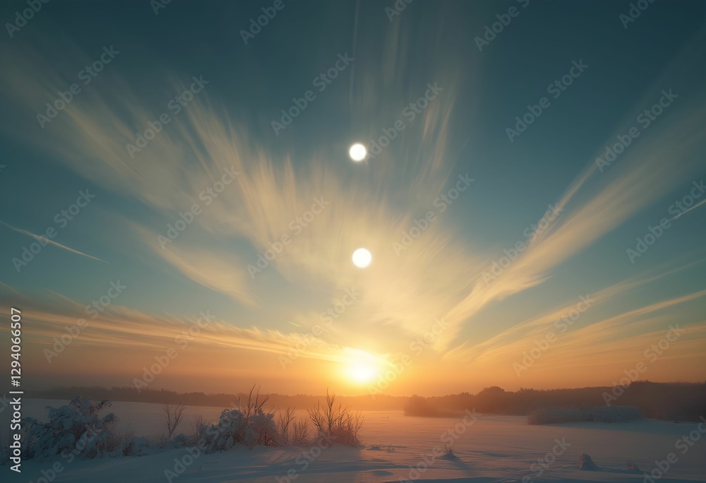 Fototapeta premium Stunning Sundog Phenomenon with Bright Spots Flanking the Sun