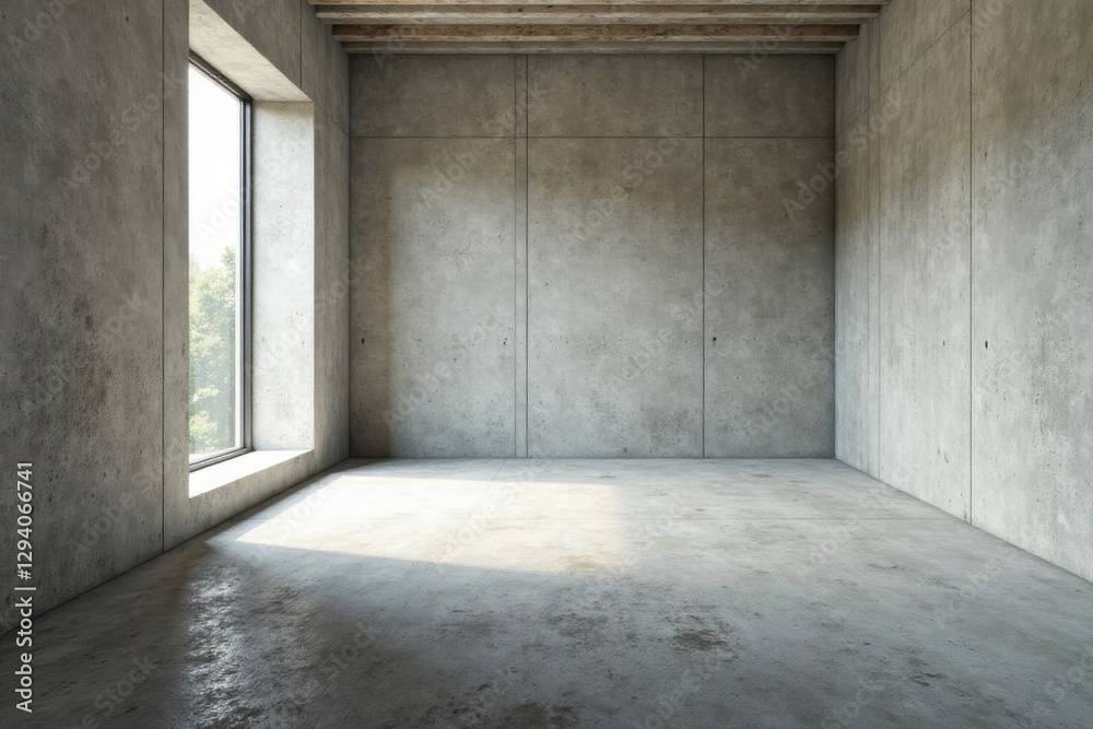 Empty industrial space with concrete walls and large window showcasing natural light Empty industrial space with concrete walls and large window showcasing natural light