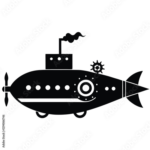 Vintage submarine silhouette, black and white illustration, retro nautical design, steampunk aesthetic, whimsical underwater vessel, porthole detail, propeller, smokestack with flag, circular window, 