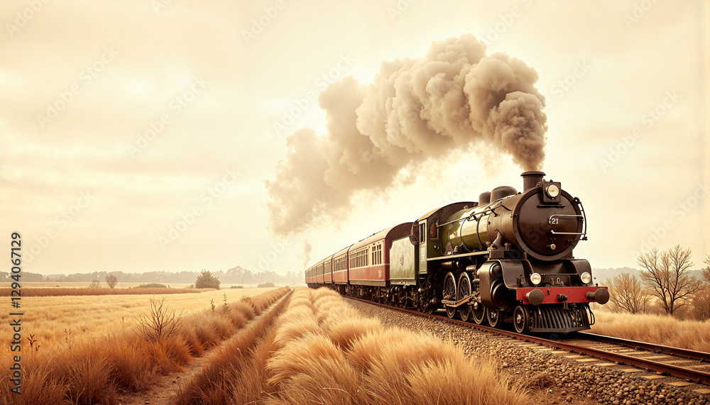 Obraz premium Steam train billowing smoke on countryside railway, vintage nostalgia
