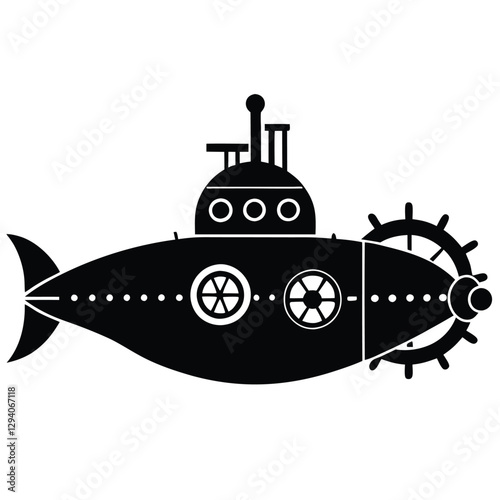 Vintage submarine silhouette, black and white illustration, retro nautical design, steampunk aesthetic, whimsical underwater vessel, porthole detail, propeller, smokestack with flag, circular window, 