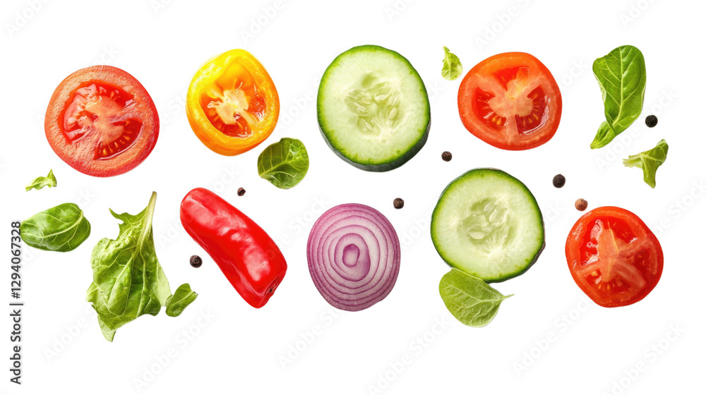 Fresh assorted vegetables including tomatoes, cucumber, bell pepper, onion, and lettuce isolated on transparent background, PNG Fresh assorted vegetables including tomatoes, cucumber, bell pepper, onion, and lettuce isolated on transparent background, PNG