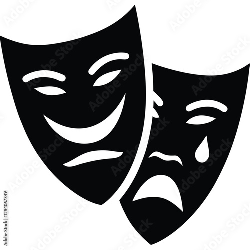 Theater masks, tragedy and comedy, black and white, iconic symbols, contrasting emotions, dramatic arts, 