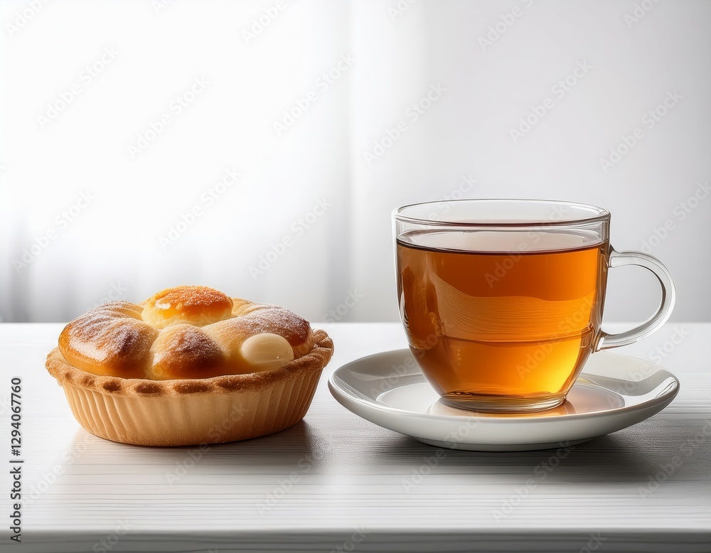 A cup of tea and assorted pastries sit next to a table with a white background, styled in minimalist outlines, wood elements, and a bright, luminous scene. A cup of tea and assorted pastries sit next to a table with a white background, styled in minimalist outlines, wood elements, and a bright, luminous scene.