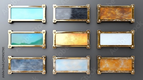 Nine Rectangular Gold Framed Decorative Plates with Varied Textures and Colors